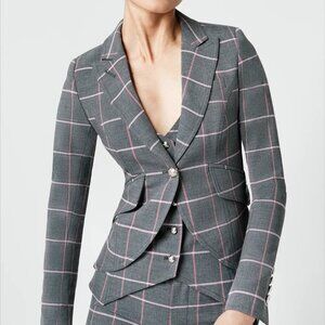 Smythe One Button Blazer In Grey Pink Windowpane Plaid Jacket